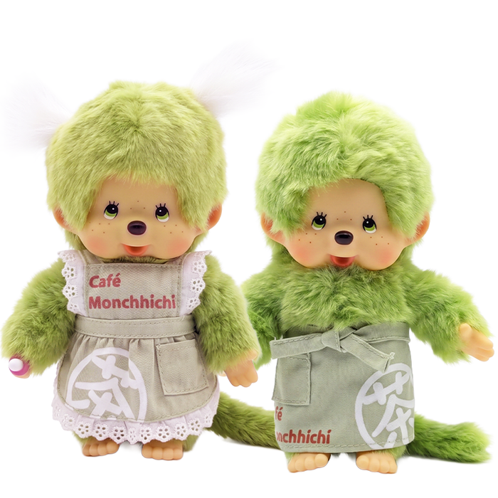 Monchhichi Green Tea Boy and Girl Plush Toy Set in Green Aprons 8 Inch Sold as Set