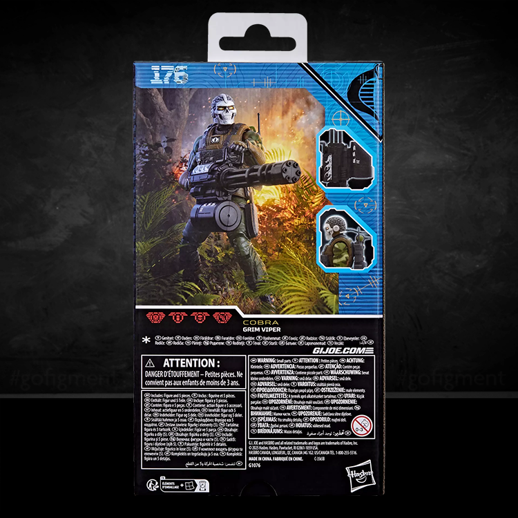 Hasbro G.I. Joe Classified Series Grim Viper 6-inch action figure with weapons and tactical gear packaging back view