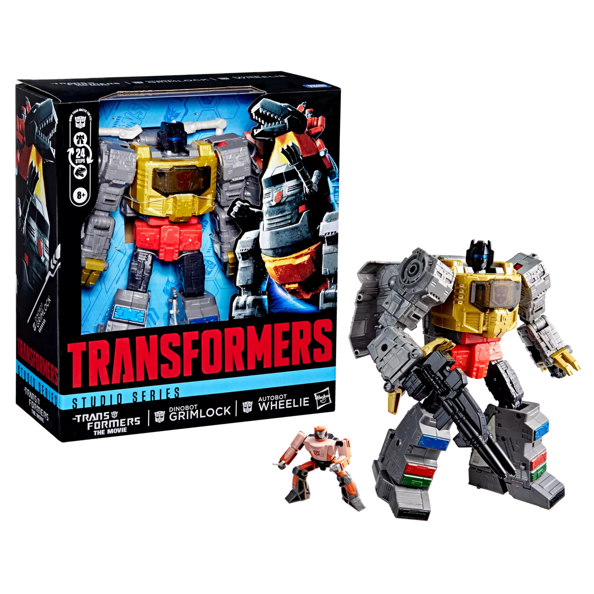 GoFigment Transformers Studio Series Dinobot Grimlock action figure with Autobot Wheelie mini-figure and packaging.