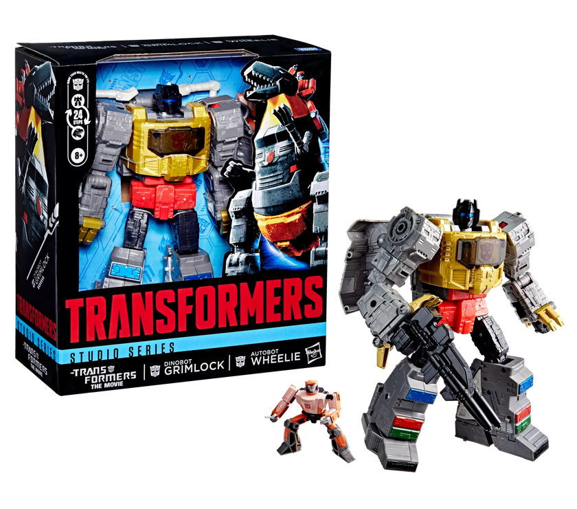 GoFigment Transformers Studio Series Dinobot Grimlock action figure with Autobot Wheelie mini-figure and packaging.
