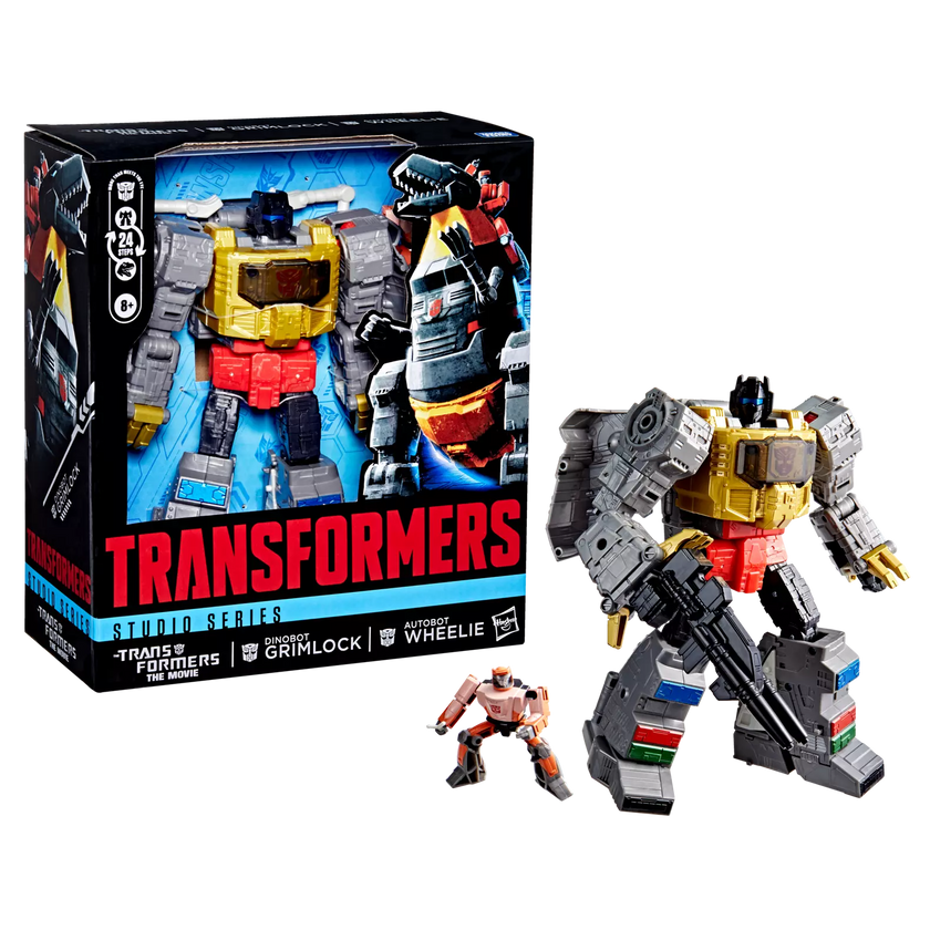 GoFigment Transformers Studio Series Dinobot Grimlock action figure with Autobot Wheelie mini-figure and packaging.