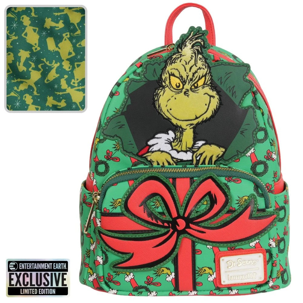 Loungefly How the Grinch Stole Christmas mini backpack with Grinch peeking out of green gift box with red bow