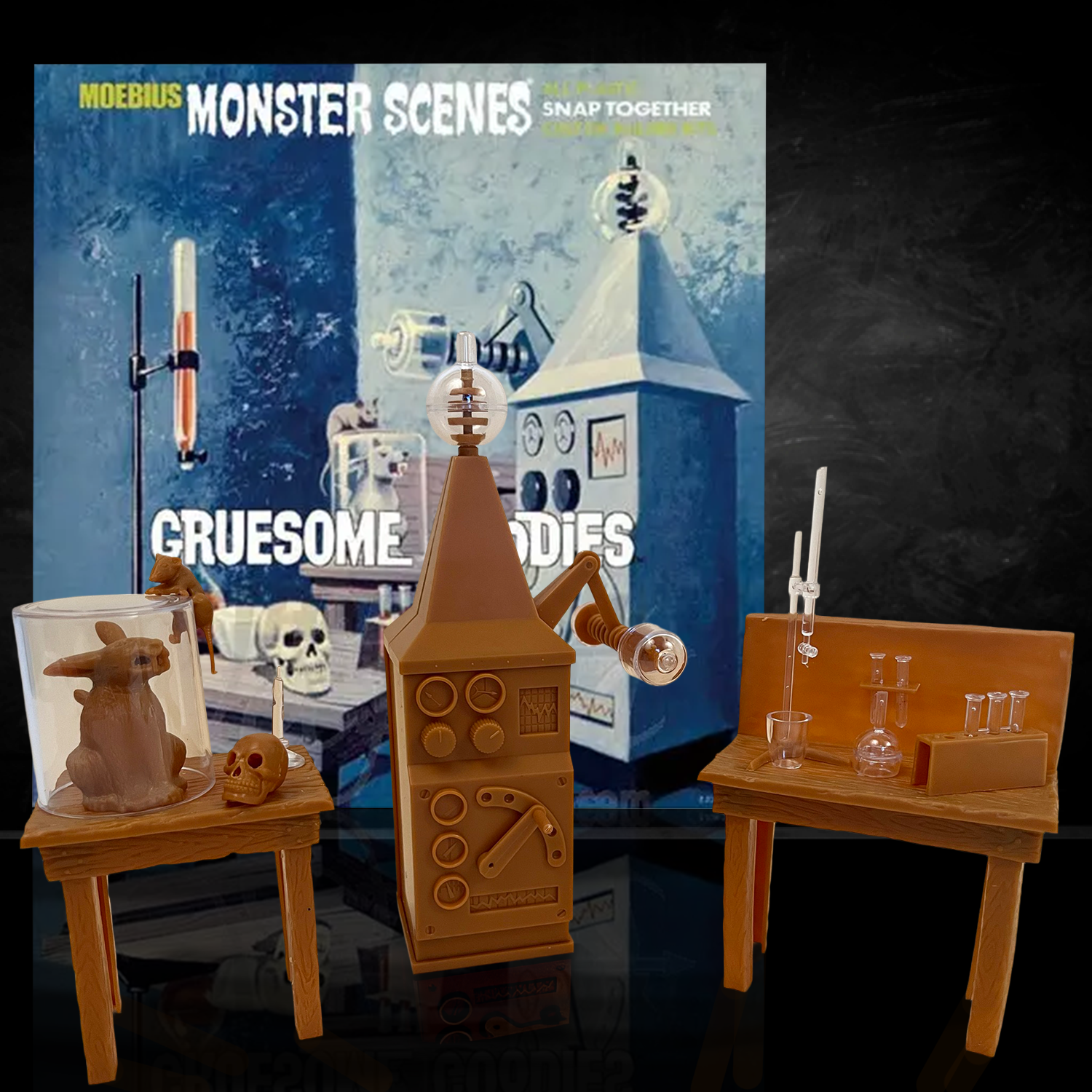 DENCOMM Monster Scenes Gruesome Goodies Limited Edition Model Kit - 55th Anniversary by Monster Scenes with retro lab props and skulls.