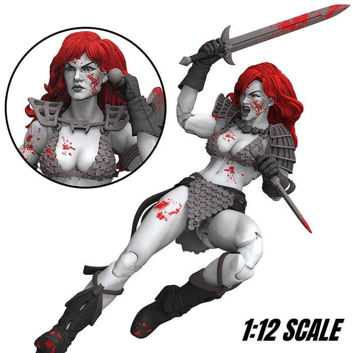 Red Sonja Black White & Red 6" Boss Fight Figure Epic HACKS PX Exclusive by Boss Fight Studio wielding a sword