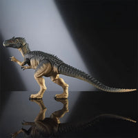 Mattel Jurassic World Allosaurus figure with detailed scales posed on reflective surface against grey background