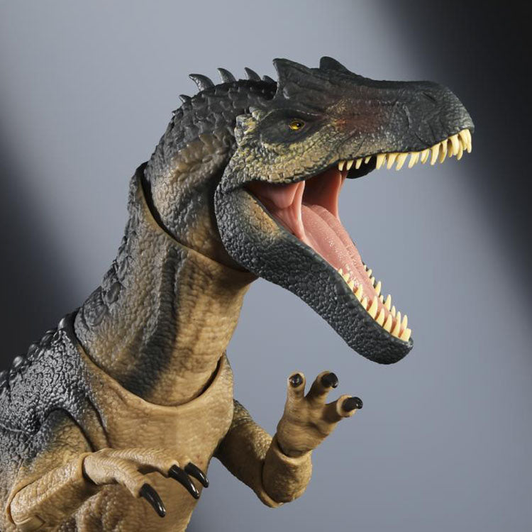 Mattel Jurassic World Allosaurus figure with detailed scales, open mouth, lifelike eyes, and articulated limbs in dynamic pose