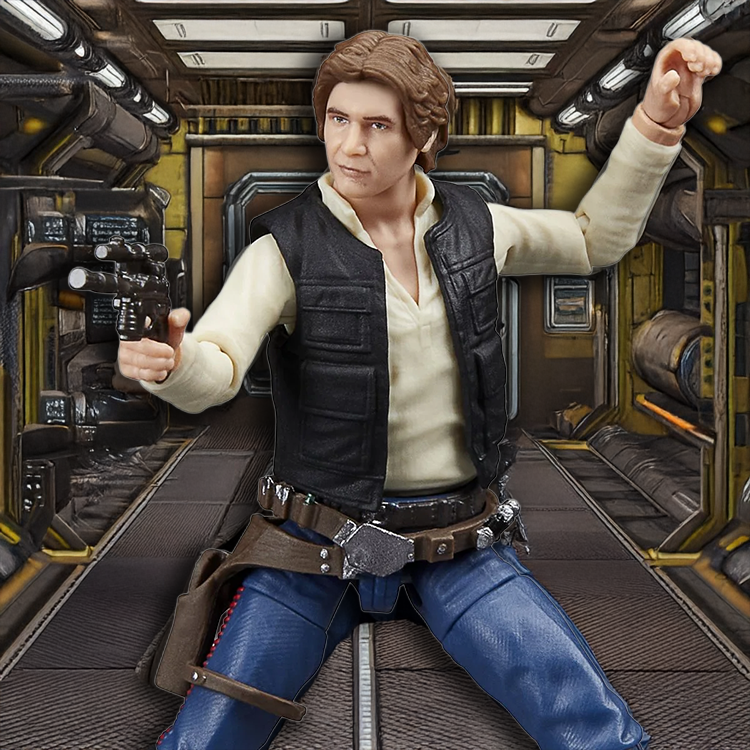 Kenner Star Wars Vintage Collection Han Solo action figure holding blaster in detailed spaceship corridor background