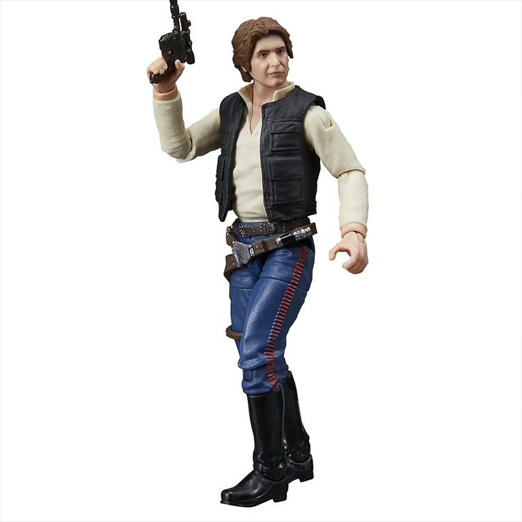 Han Solo action figure from Star Wars Vintage Collection in Kenner-style packaging with detailed design and blaster accessory