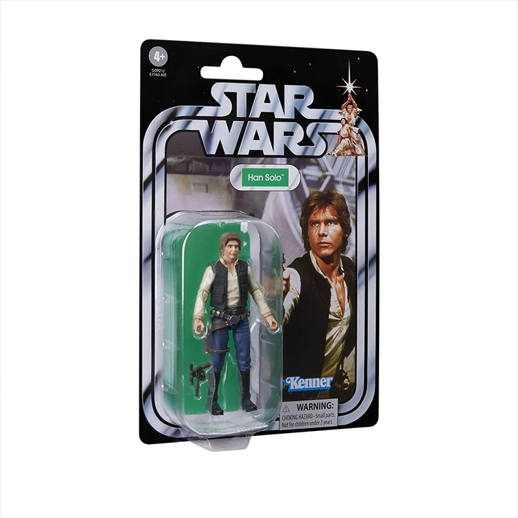 Star Wars Vintage Collection Han Solo figure in Kenner-inspired packaging with blaster accessory and detailed articulation
