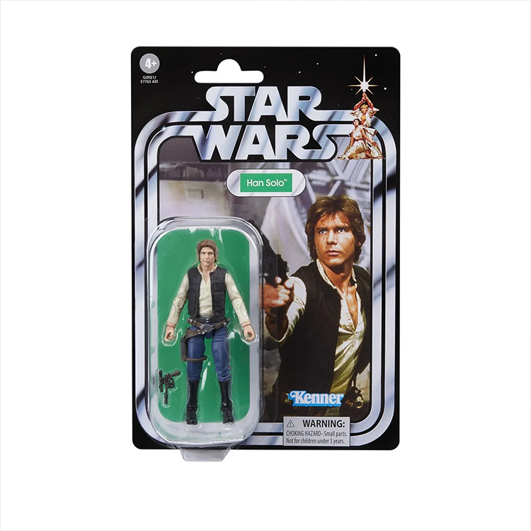 Star Wars Vintage Collection Han Solo action figure in Kenner style packaging with blaster accessory