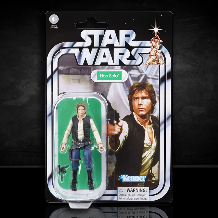 Star Wars Vintage Collection Han Solo action figure in Kenner-style packaging with blaster accessory and detailed pose.