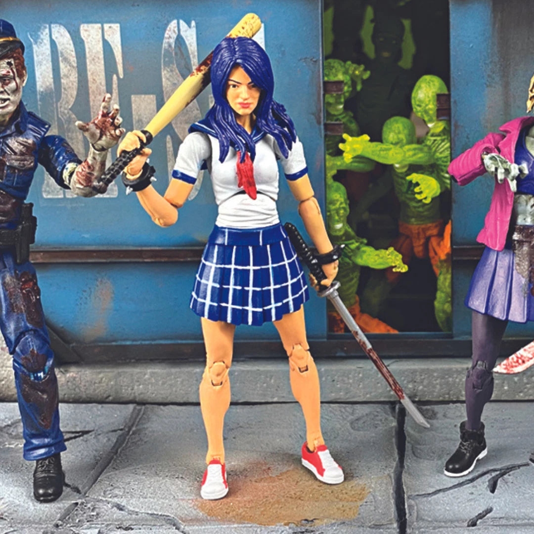 Action figure with blue hair and school uniform standing in front of a colorful mural.