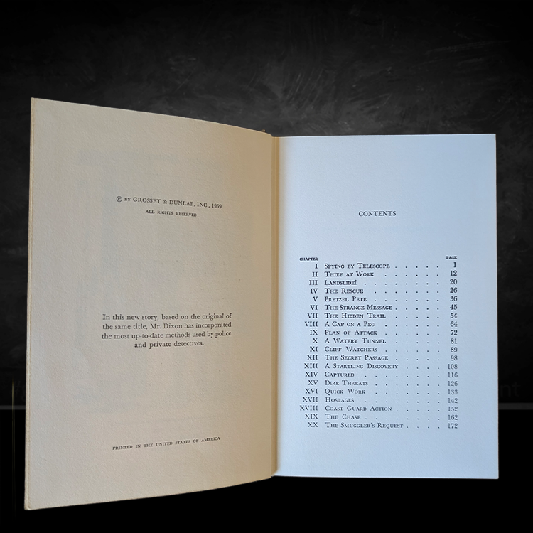 Contents page and copyright of 1959 edition The House on the Cliff by Grosset & Dunlap Inc.