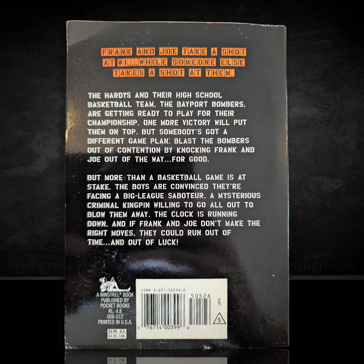 Back cover of 140 Slam Dunk Sabotage Hardy Boys paperback book by Simon & Schuster, vintage 1996 edition.