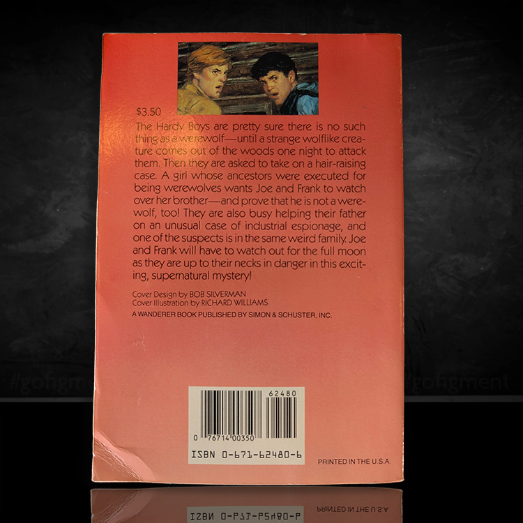 Back cover of 1979 vintage Hardy Boys book Night of the Werewolf by Simon and Schuster with summary and barcode