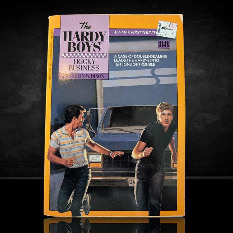 Vintage 1987 paperback of The Hardy Boys Tricky Business by Franklin W. Dixon, published by Simon & Schuster