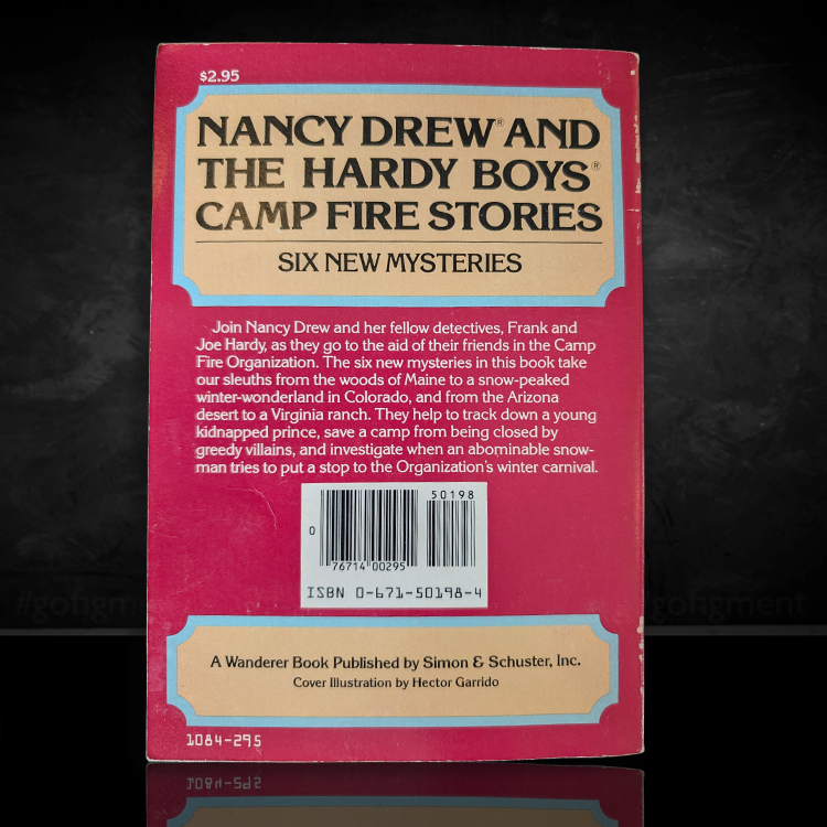 Back cover of Nancy Drew and the Hardy Boys Camp Fire Stories paperback by Simon & Schuster with summary text.