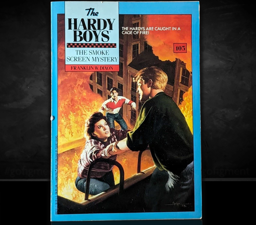 Image of a Hardy Boys Paperback book featuring 105 The Smoke Screen Mystery - The Hardy Boys Paperback Book - Vintage 1990