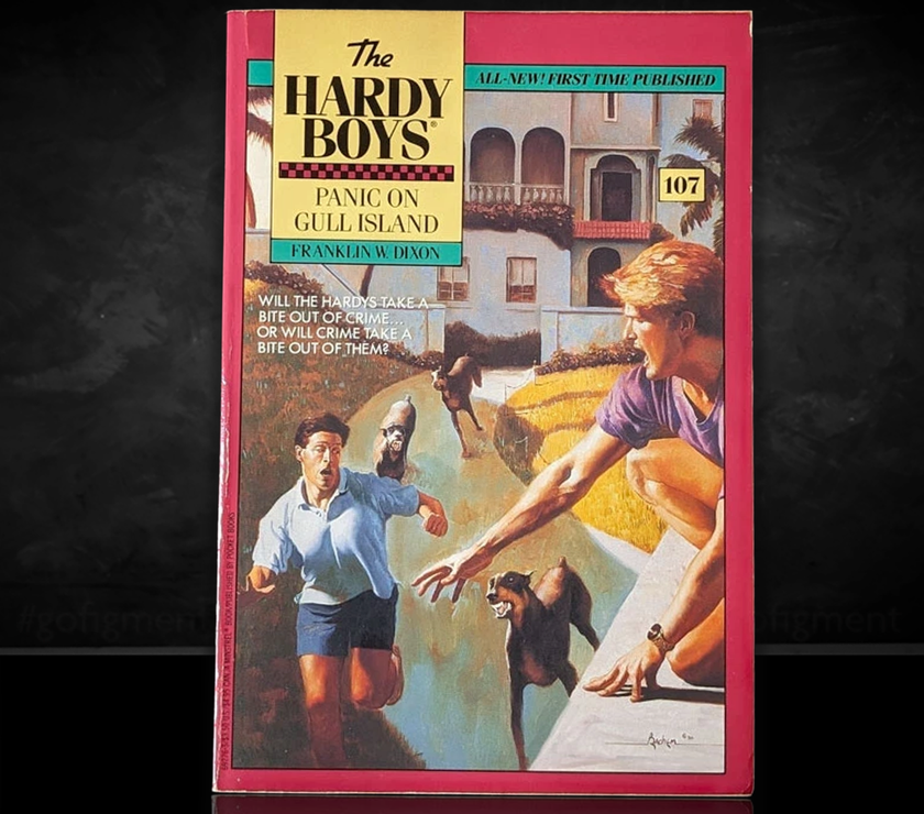 Image of a Hardy Boys Paperback book featuring 107 Panic on Gull Island - The Hardy Boys Paperback Book - Vintage 1991