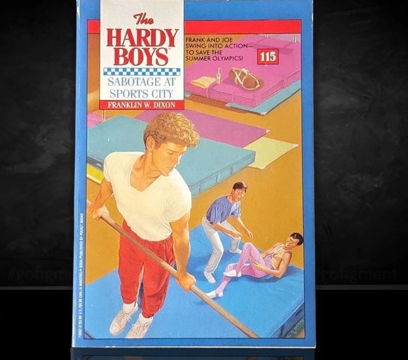 Image of a Hardy Boys Paperback book featuring 115 Sabotage at Sports City - The Hardy Boys Paperback Book - Vintage 1992