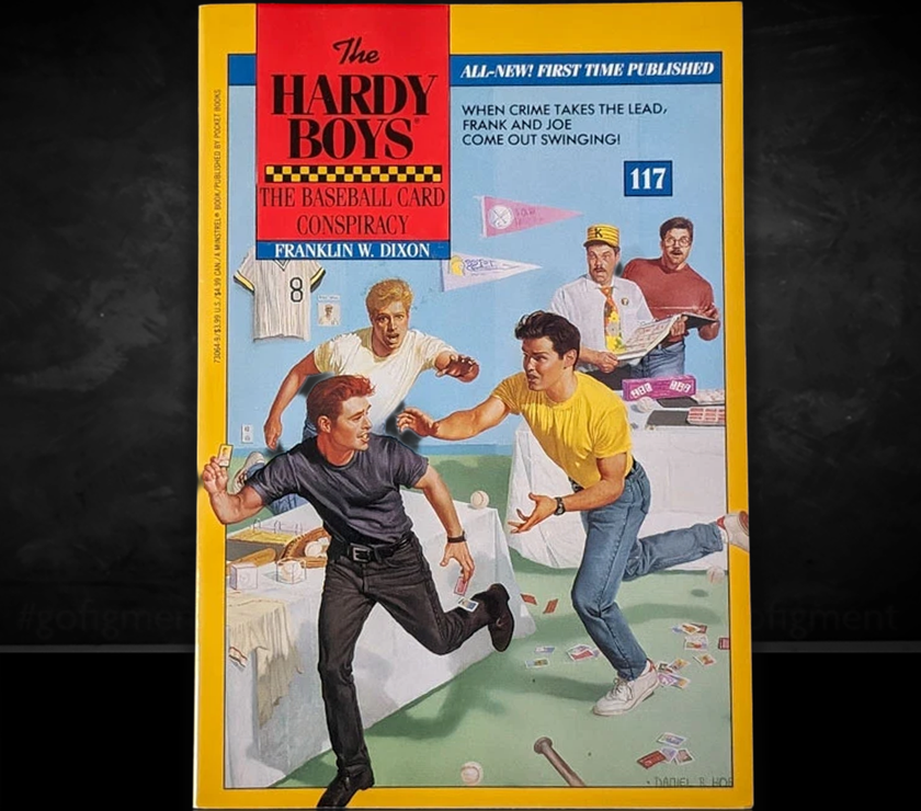 Image of a Hardy Boys Paperback book featuring 117 The Baseball Card Conspiracy - The Hardy Boys Paperback Book - Vintage 1992