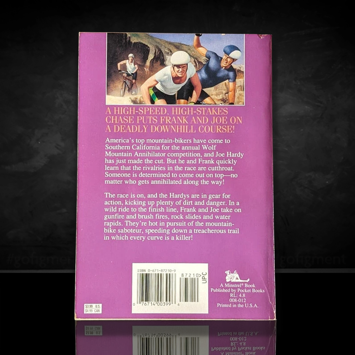 Back cover of 1994 vintage Hardy Boys paperback book Racing to Disaster published by Simon & Schuster.