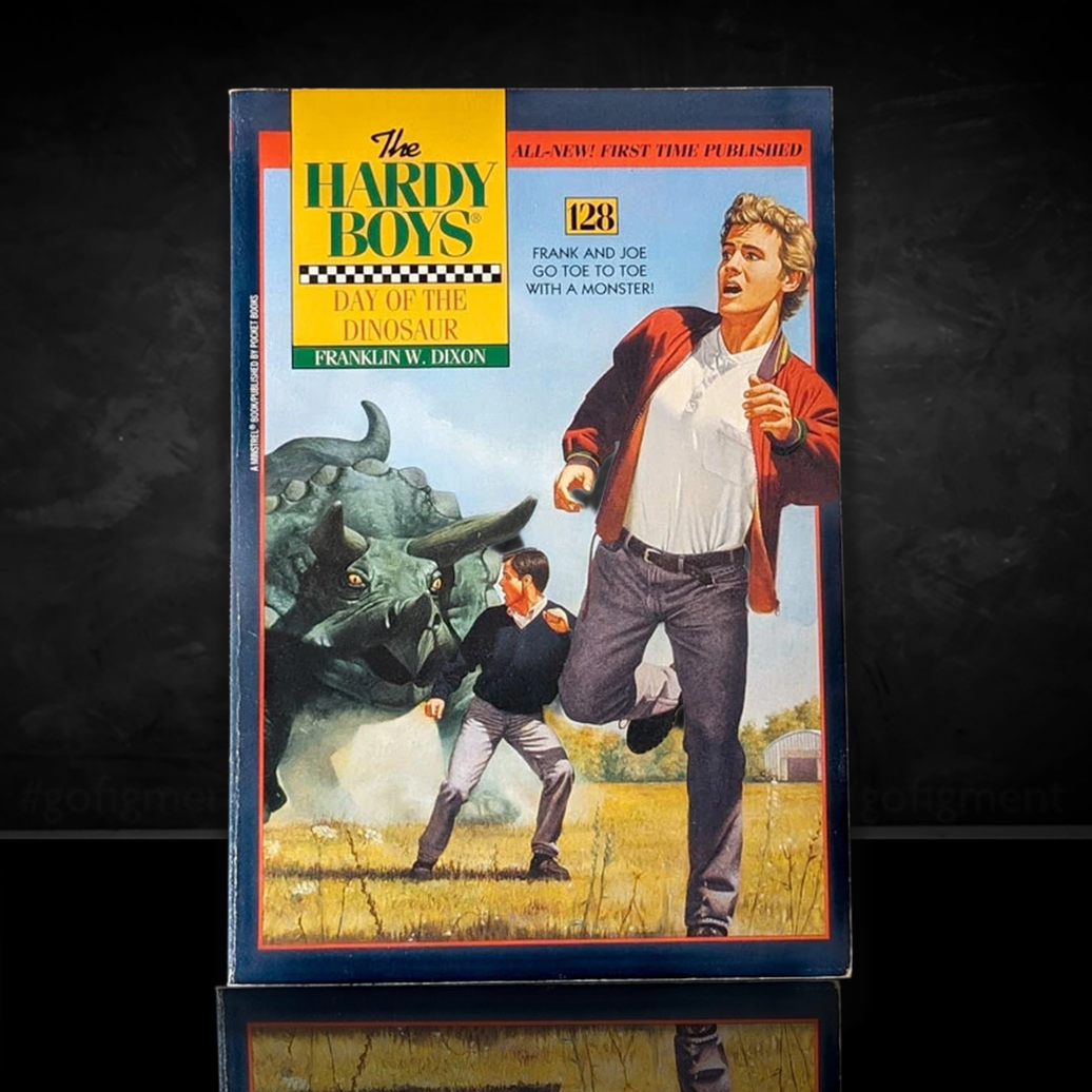 Image of a Hardy Boys Paperback book featuring 128 Day of the Dinosaur - The Hardy Boys Paperback Book - Vintage "Un-Published"