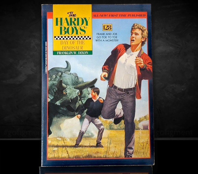 Image of a Hardy Boys Paperback book featuring 128 Day of the Dinosaur - The Hardy Boys Paperback Book - Vintage "Un-Published"