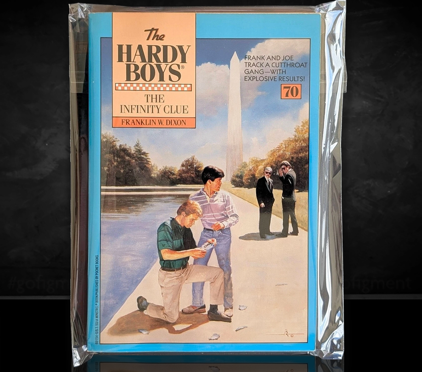 Image of a Hardy Boys Paperback book featuring 70 The Infinity Clue - The Hardy Boys Paperback Book - Vintage 1981