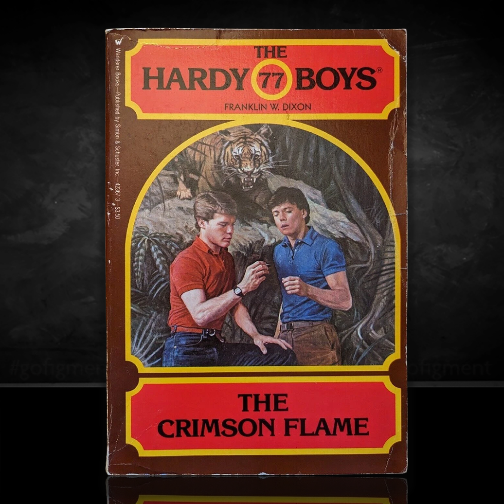 Image of a Hardy Boys Paperback book featuring 77 The Crimson Flame - The Hardy Boys Paperback Book - Vintage 1983