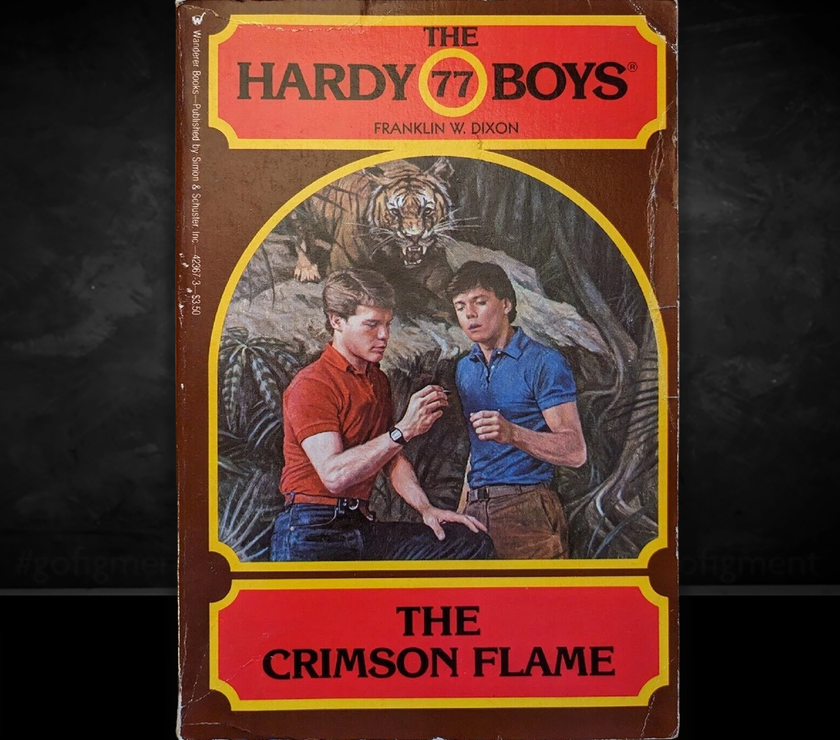 Image of a Hardy Boys Paperback book featuring 77 The Crimson Flame - The Hardy Boys Paperback Book - Vintage 1983
