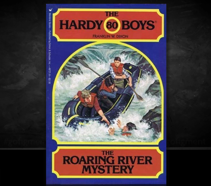 Image of a Hardy Boys Paperback book featuring 80 The Roaring River Mystery - The Hardy Boys Paperback Book - Vintage 1984