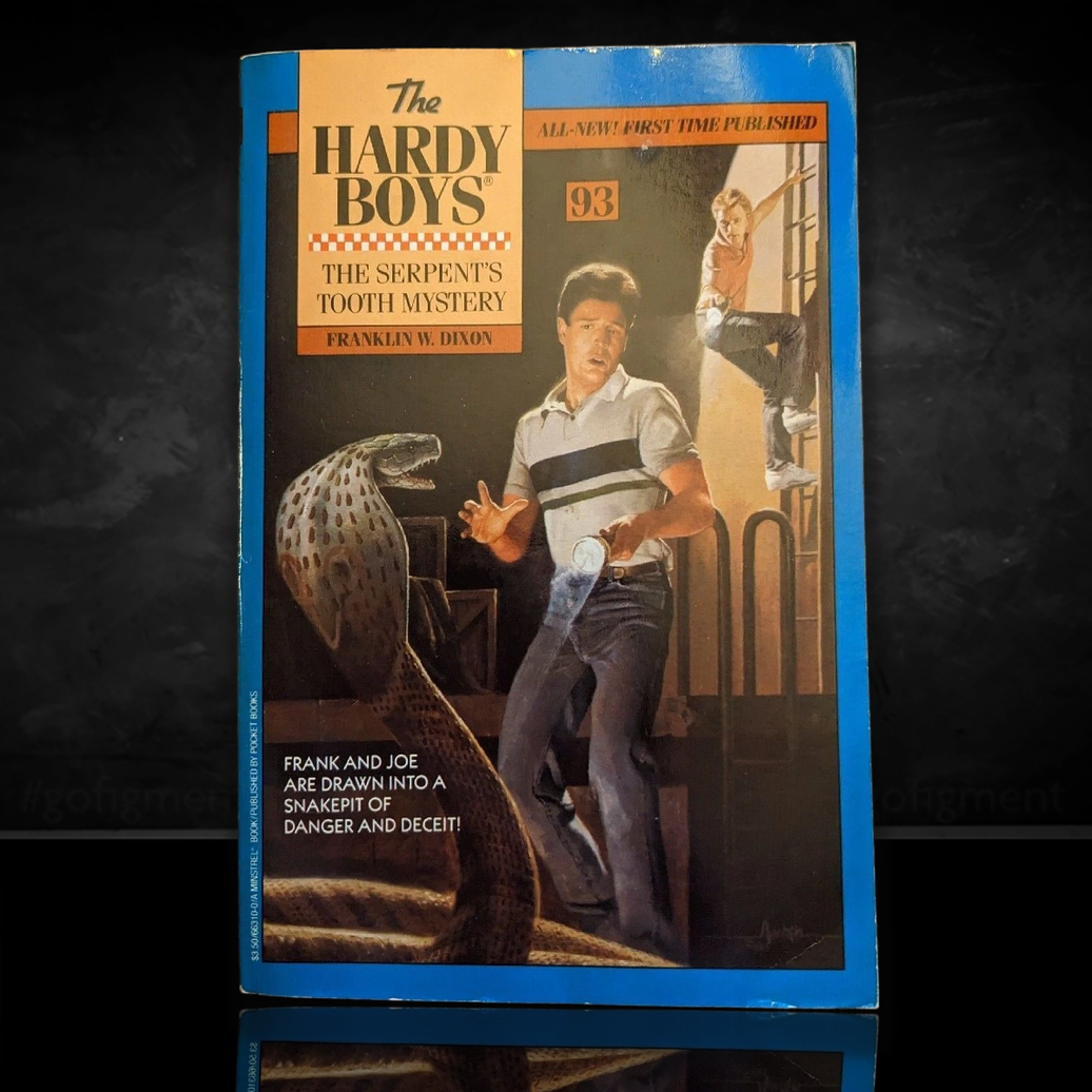 Image of a Hardy Boys Paperback book featuring 93 The Serpent's Tooth Mystery - The Hardy Boys Paperback Book - Vintage 1988
