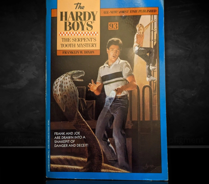 Image of a Hardy Boys Paperback book featuring 93 The Serpent's Tooth Mystery - The Hardy Boys Paperback Book - Vintage 1988