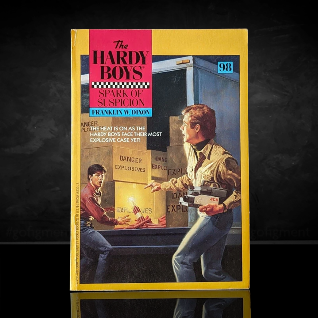 Image of a Hardy Boys Paperback book featuring 98 Spark of Suspicion - The Hardy Boys Paperback Book - Vintage 1989