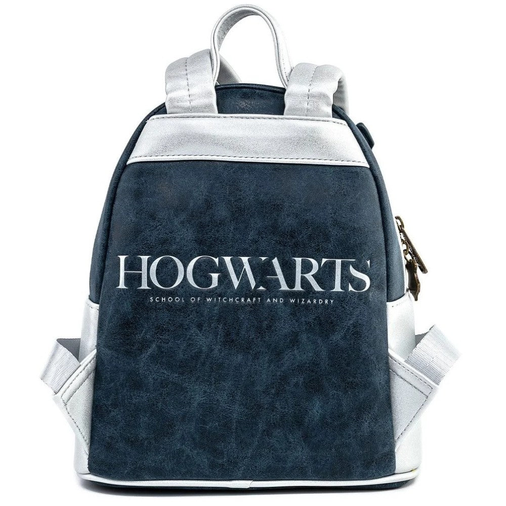 Loungefly mini-backpack with navy blue faux leather front featuring white Hogwarts School lettering and silver trim details