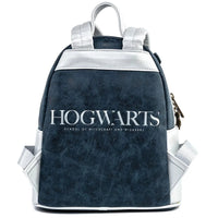 Loungefly mini-backpack with navy blue faux leather front featuring white Hogwarts School lettering and silver trim details