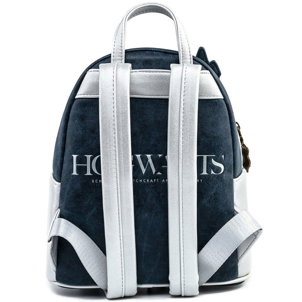 Loungefly mini-backpack rear view with white straps and Hogwarts lettering on navy blue faux suede background