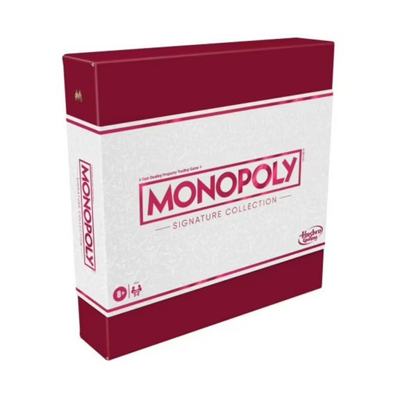 Monopoly Signature Collection Premium Edition board game by Hasbro in elegant white and burgundy keepsake box packaging