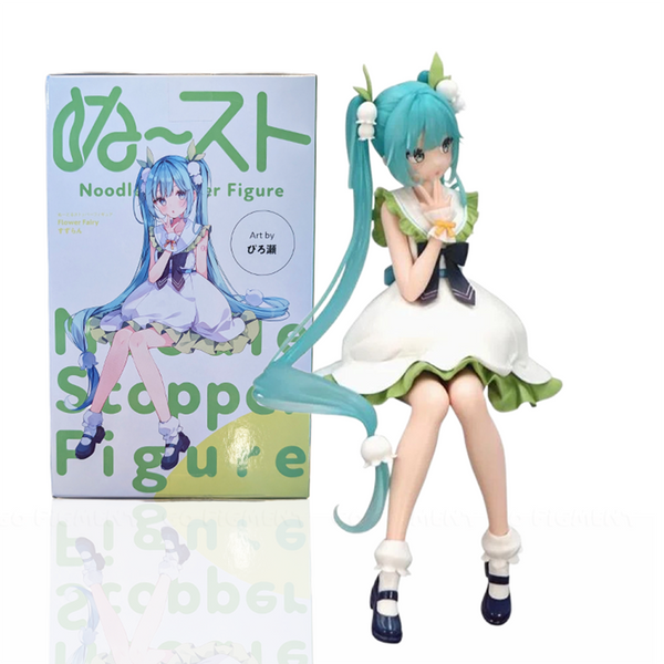 Hatsune Miku Flower Fairy Lily of the Valley Noodle Stopper Figure FuRyu by Banpresto with teal hair and white dress sitting pose