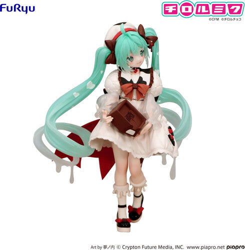 Hatsune Miku x TIROL Choco: Milk Chocolate Version – Trio-Try-iT Statue by Banpresto with flowing teal twin tails and chocolate bar accessory