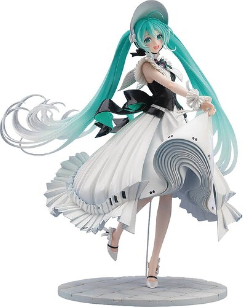 Teal haired anime style female figure in a white dress with flowing hair on a round base