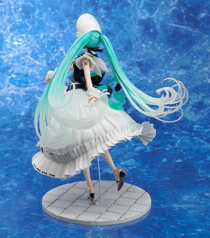 Turquoise haired female character figure in a white dress on a round tiled display stand against a blue background
