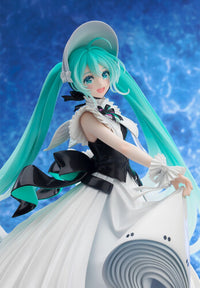 Turquoise-haired anime-style figure in a white hat and black-and-white dress against a blue background
