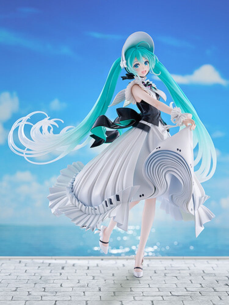 Anime style turquoise haired girl in a white and black dress by the seaside under a blue sky
