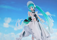 Turquoise haired anime character in an elaborate white dress against a bright blue sky