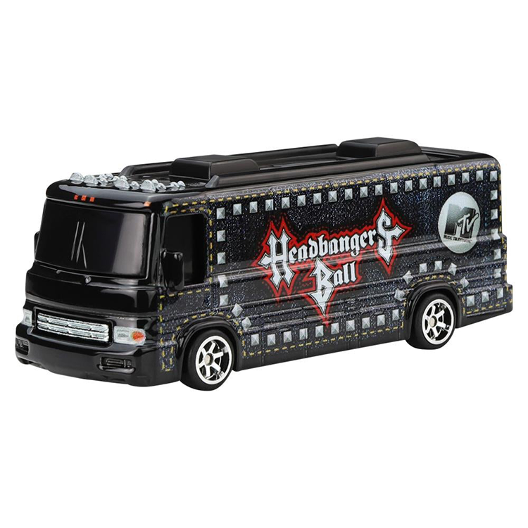 Mattel Hot Wheels premium diecast MTV Headbangers Ball tour bus replica with detailed graphics and RealRiders tires