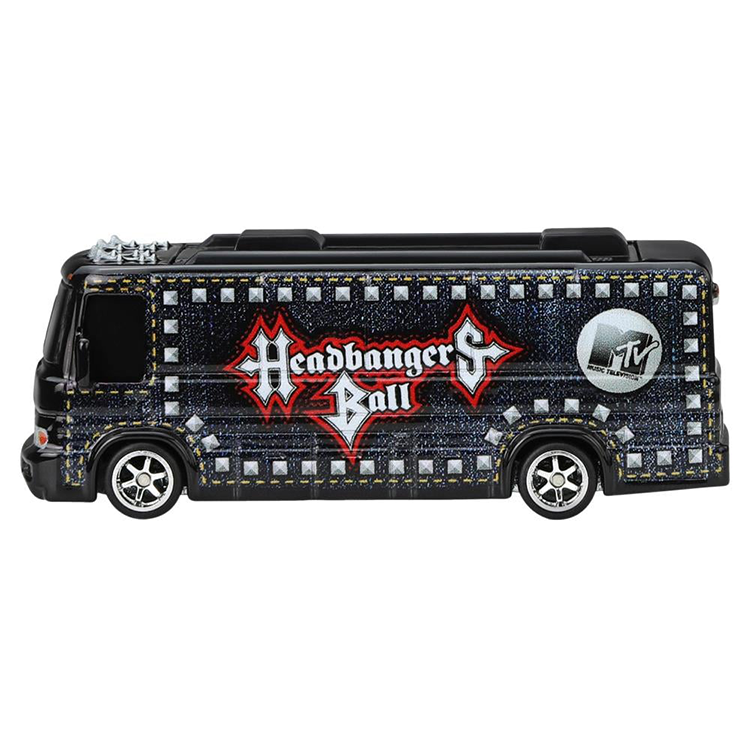Mattel Hot Wheels Premium 1:64 scale MTV Headbangers Ball Tour Bus diecast car with detailed graphics and RealRiders tires