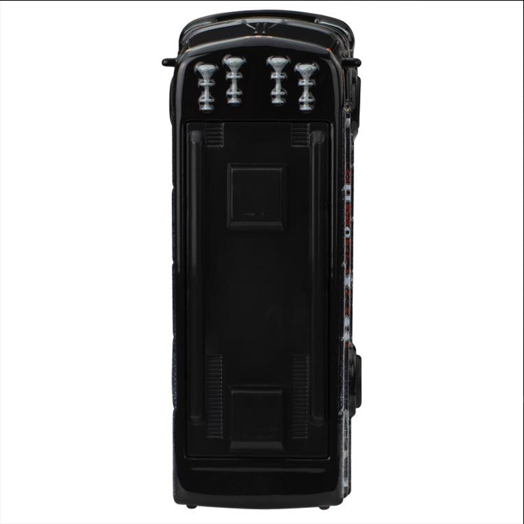 Top view of Mattel Hot Wheels Premium MTV Headbangers Ball Tour Bus diecast car in black with detailed roof features.