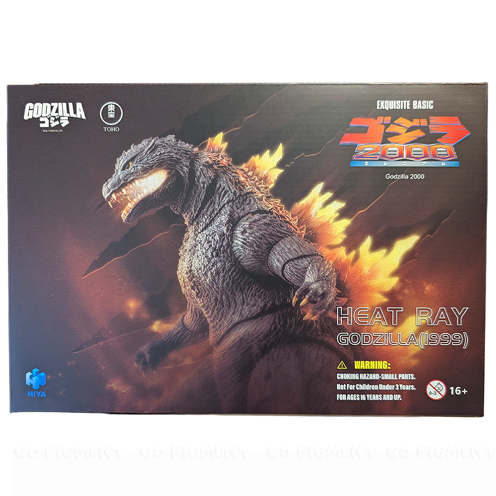 Godzilla 2000 Godzilla Millennium Heat Ray Exquisite Basic Series Action Figure 6 inch packaging with fiery background